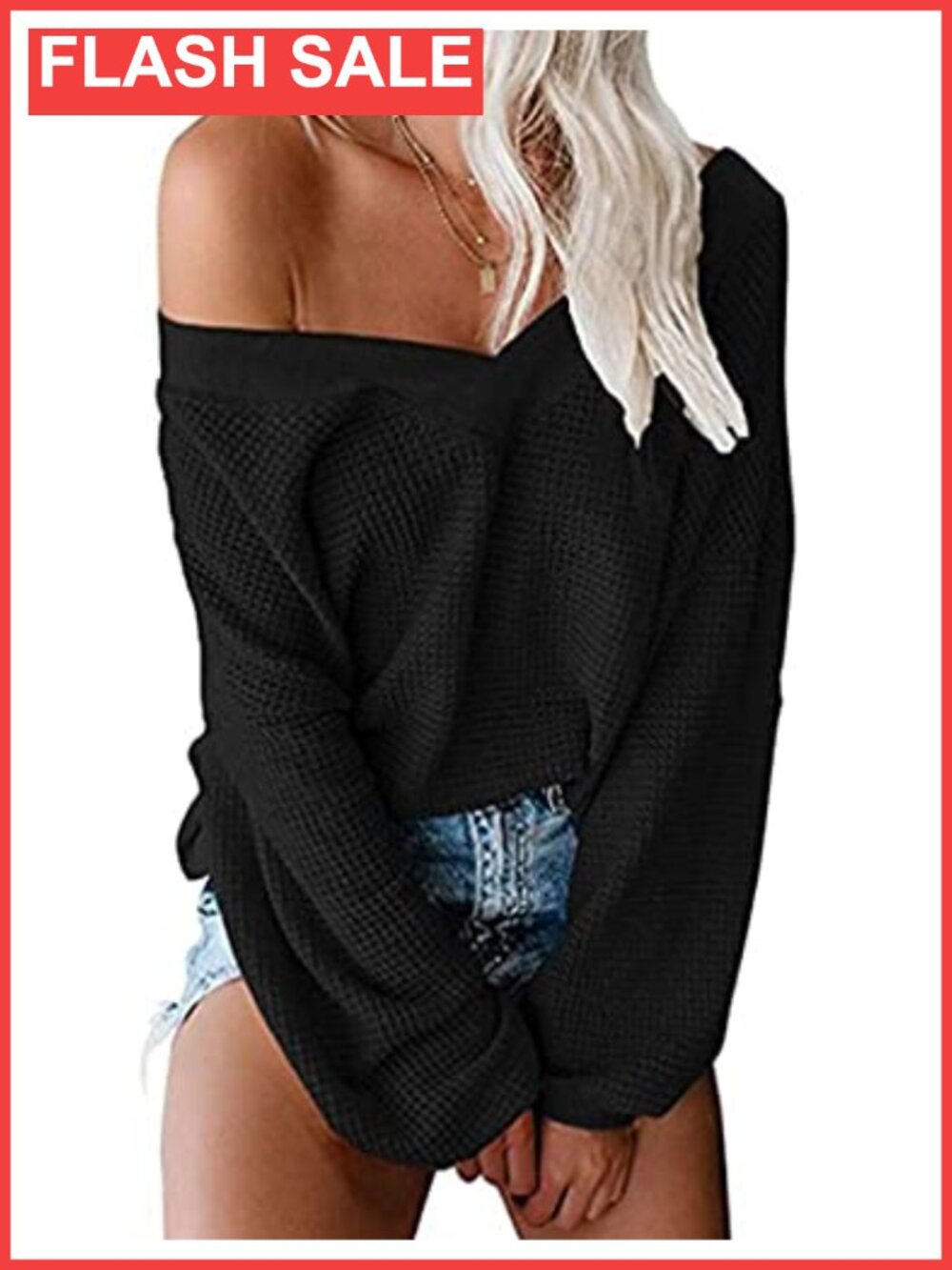 Waffle Knit Off Shoulder V Neck Long Sleeve Pullover Sweater